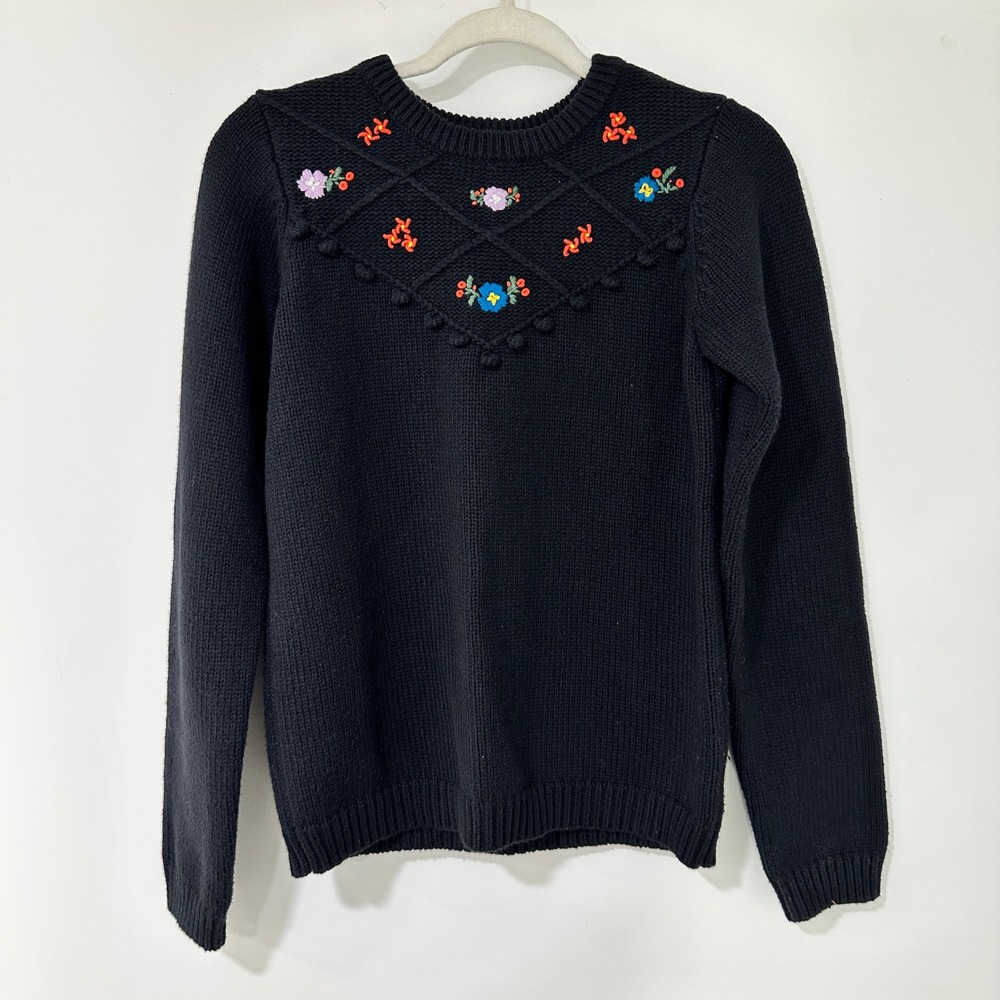 Hanna Andersson Floral Embroidered Sweater Kids 160 Black Pom Pom | Cottagecore